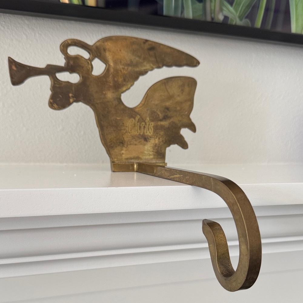 Vintage Solid Brass Angel Stocking Holder Long
Arm with the name Chris engraved